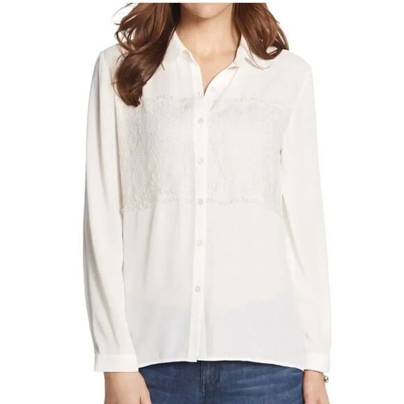 Chico's Tops - CHICO’S White Satin Alita Lace Panel Blouse New Long Sleeve Button Up Size 3